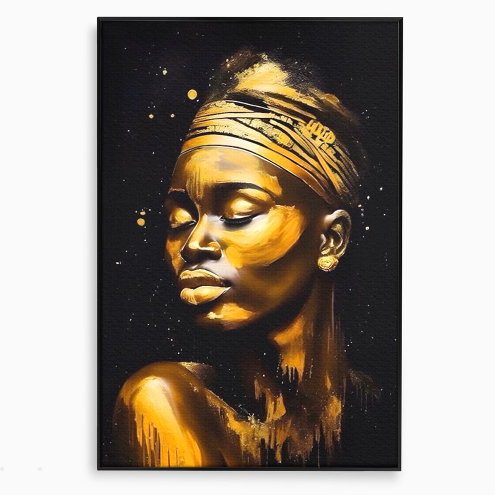 Tablou canvas cu tablou canvas portret femeie auriu, in rama de aluminiu negru